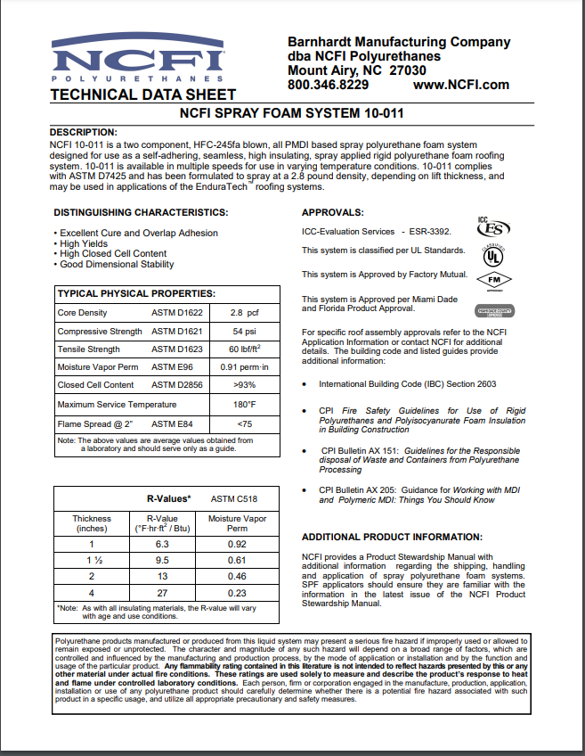 NCFI 10-011 2.8# HFC Foam Technical Data Sheet (TDS)