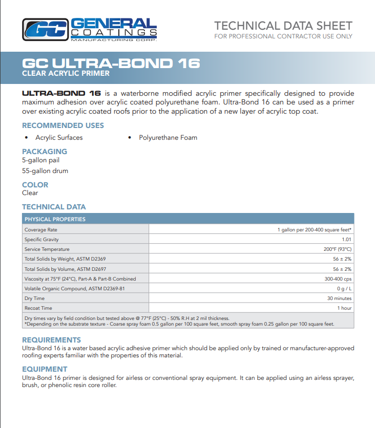 General Coatings Ultra Bond 16 Technical Data Sheet (TDS)