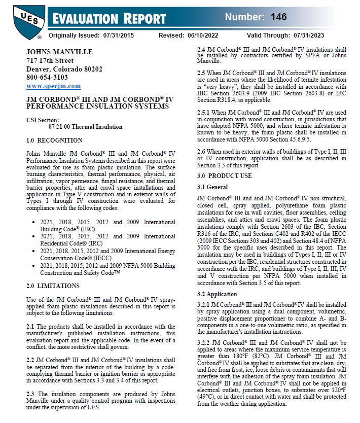 JM Corbond III and IV Spray Foam Evaluation Report