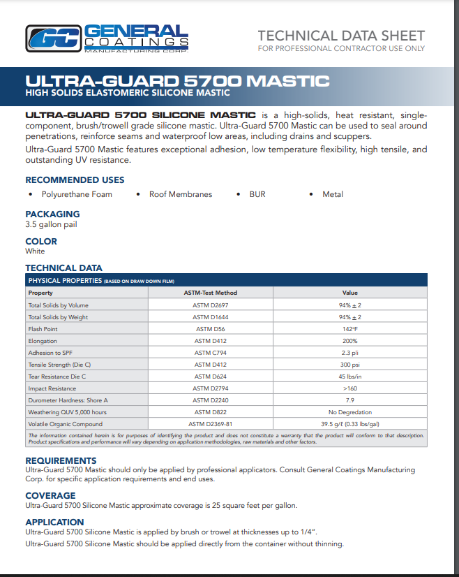 General Coatings Ultra-Guard 5700 Mastic Technical Data Sheet (TDS)