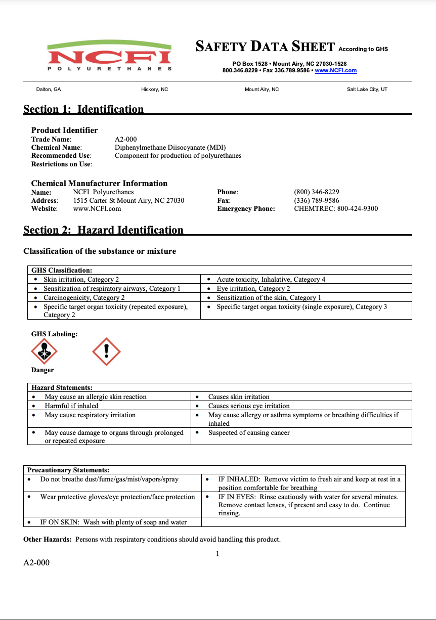 NCFI A2-000 A-Side MSDS / SDS