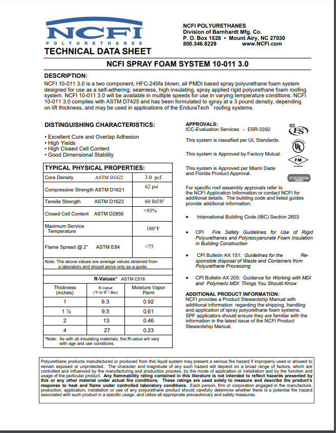 NCFI 10-011 3.0# HFC Foam Technical Data Sheet (TDS)