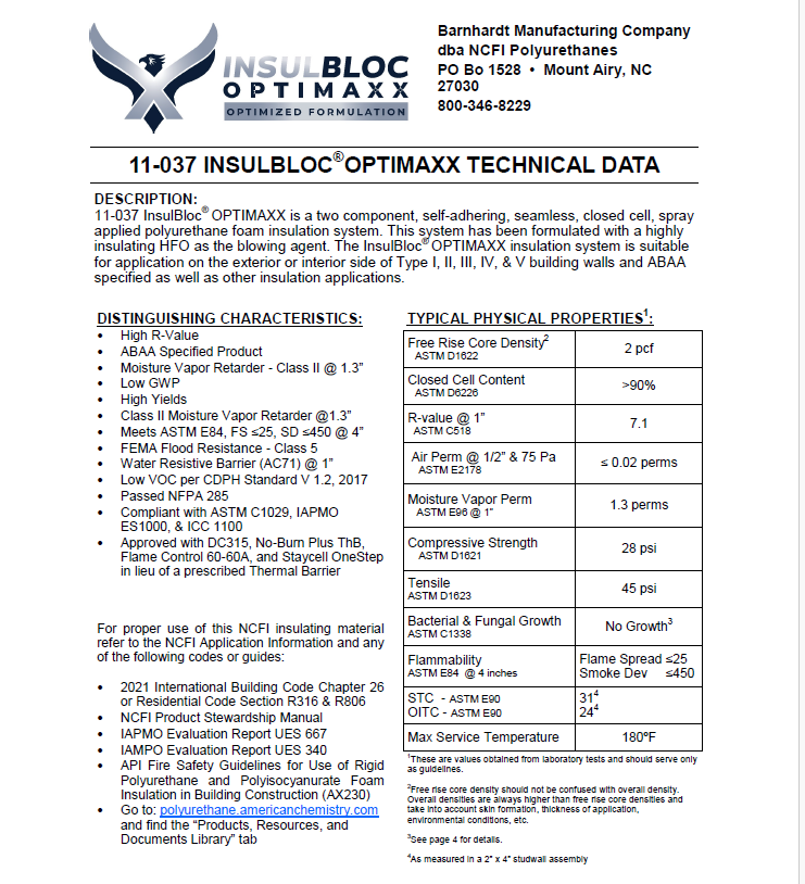 Insulbloc Optimaxx 11-037 Technical Data Sheet