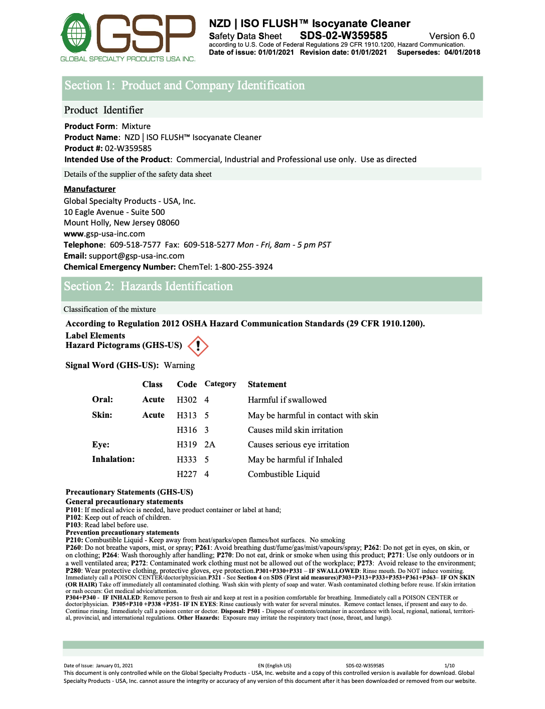 GSP, ISO FLUSH Isocyanate Cleaner, MSDS / SDS