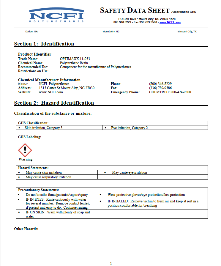 NCFI 11-033 Optimaxx Safety Data Sheet (SDS)