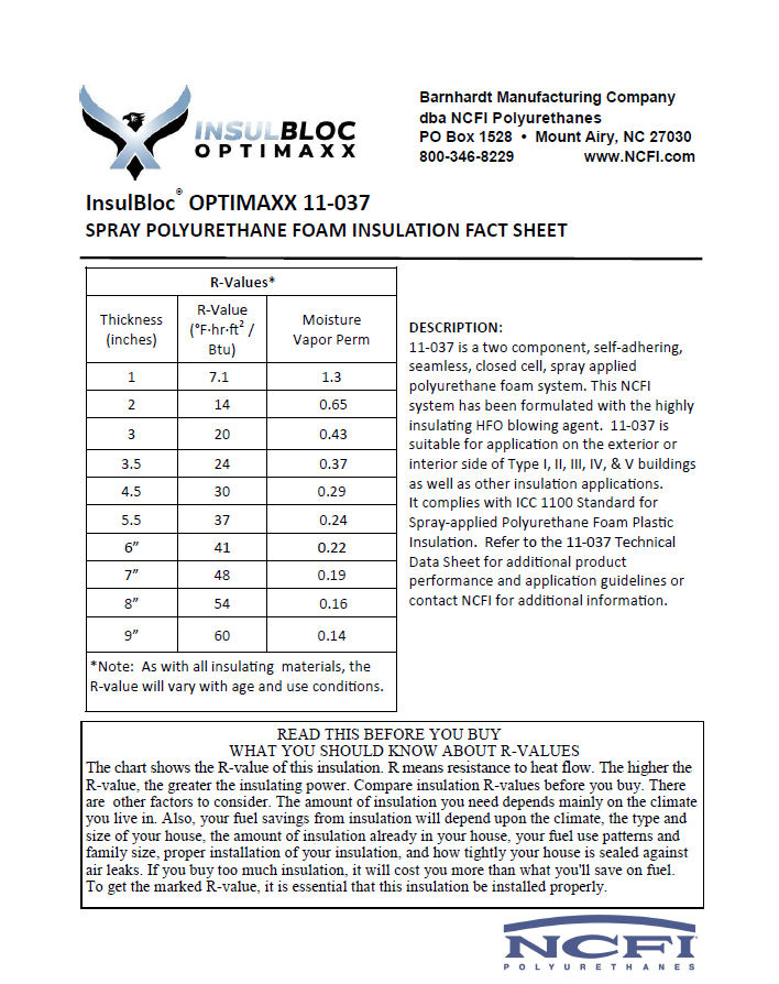 Insulbloc Optimaxx 11-037 Spray Foam Insulation Fact Sheet