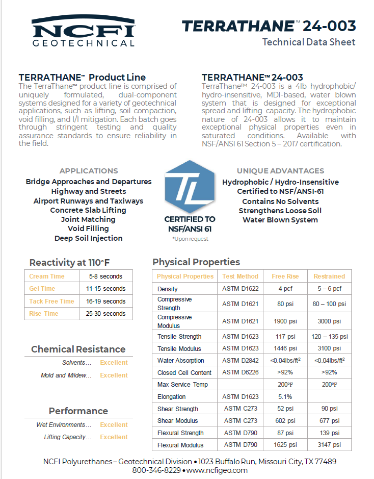 NCFI Pour In Place System 24-003 Technical Data Sheet (TDS)