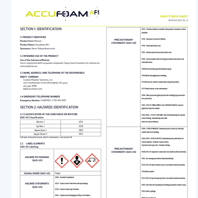 Accufoam AF1 Open Cell Foam Safety Data Sheet (SDS)