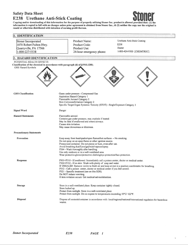 Stoner Urethane E238 Anti Stick Coating Safety Data Sheet (SDS)