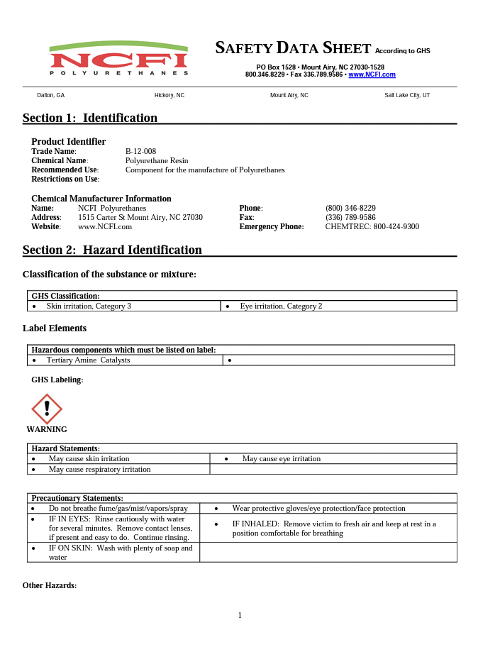 NCFI 12-008 Safety Data Sheet (SDS)