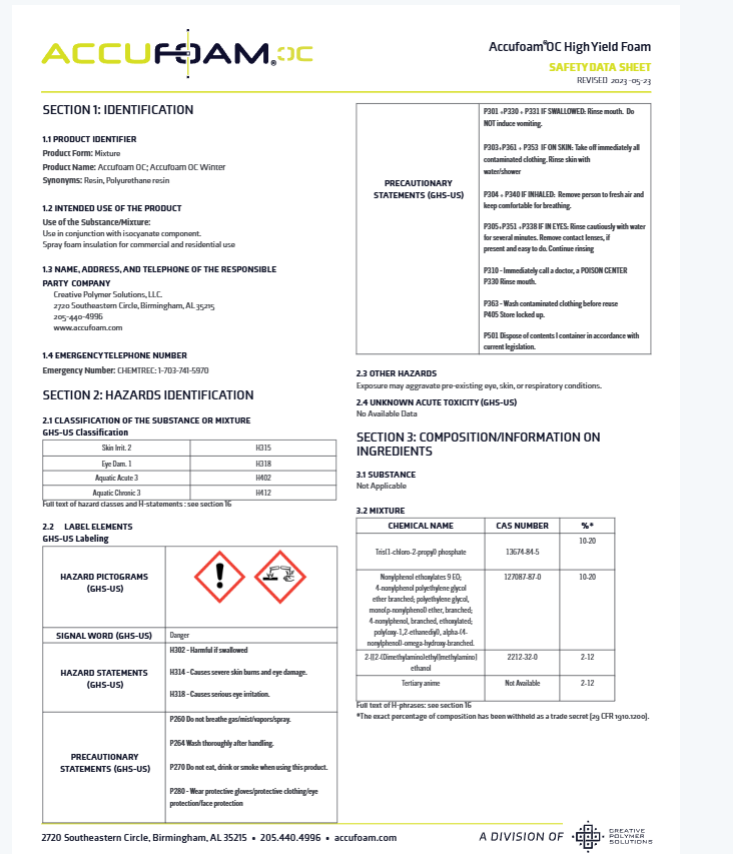 Accufoam Open Cell Safety Data Sheet (SDS)