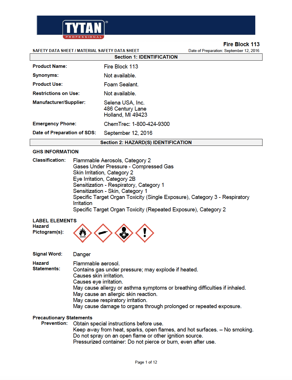 TYTAN Fire Block 113 Gun MSDS