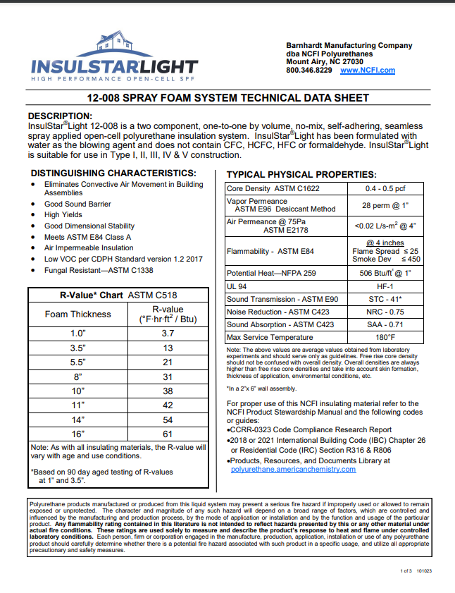 NCFI-12-008-InsulStarLight Technical Data Sheet (TDS)