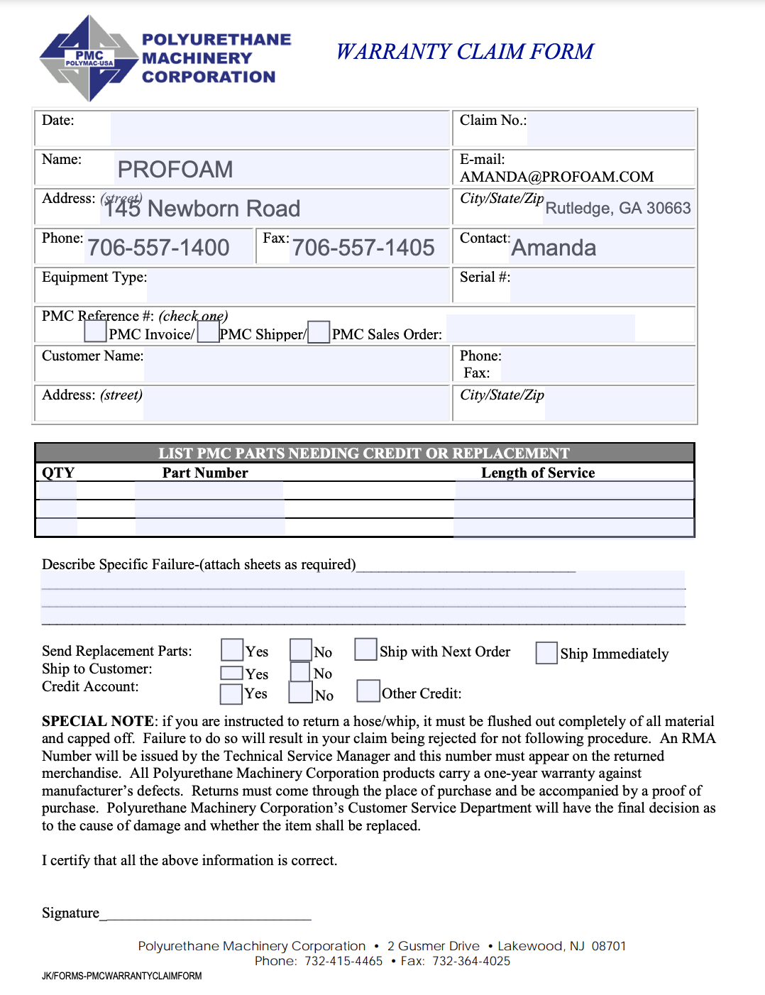 PMC WARRANTY CLAIM FORM FILLABLE