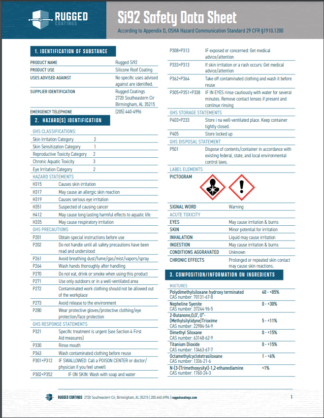 Rugged Coatings SI92 Safety Data Sheet (SDS)