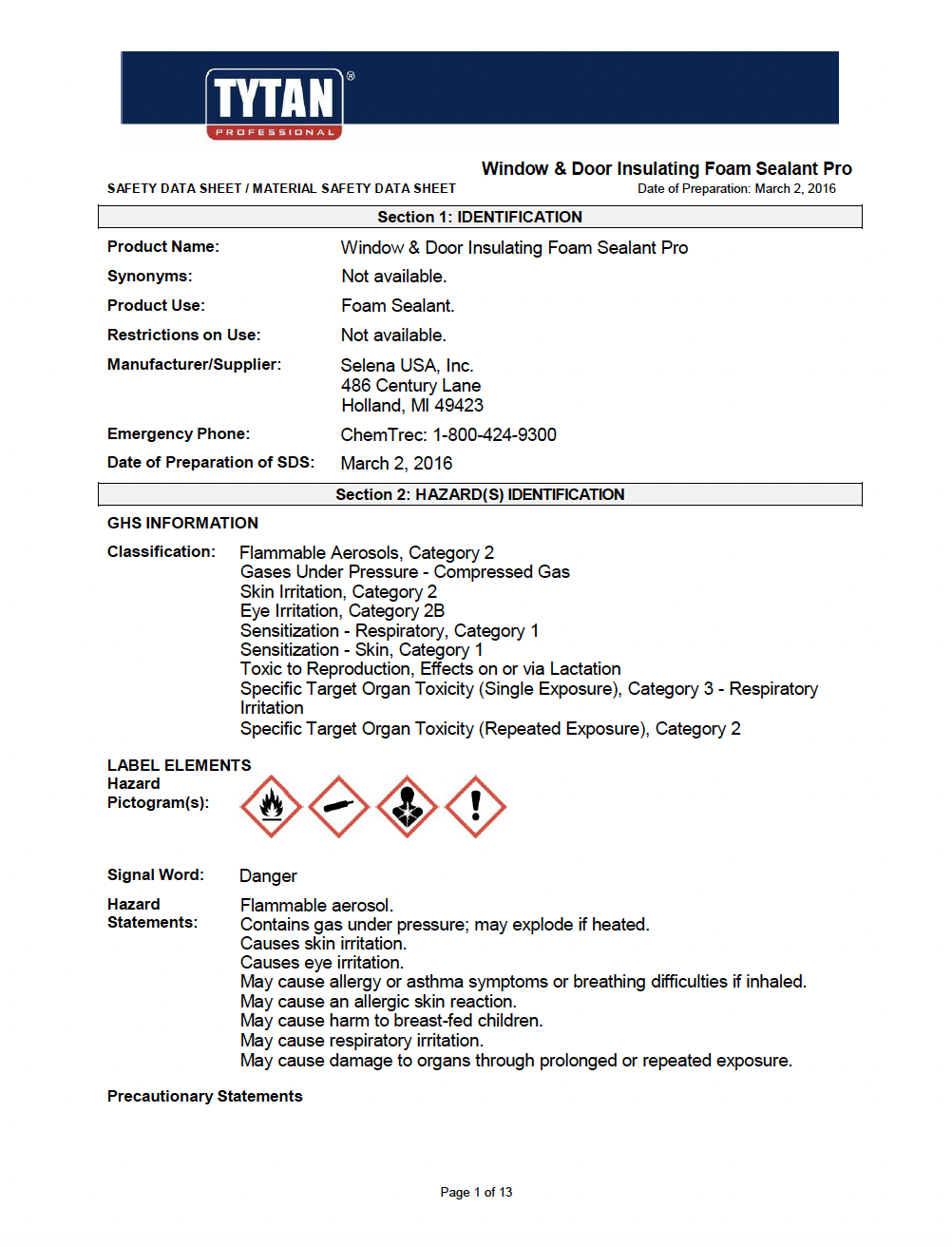 TYTAN Window & Door Gun MSDS