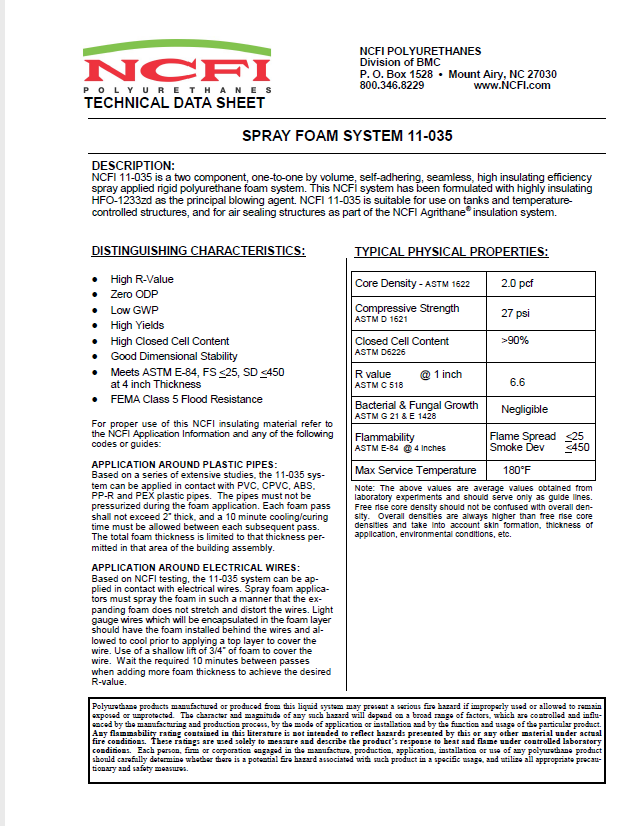 NCFI Spray Foam System 11-035 Technical Data Sheet (TDS)