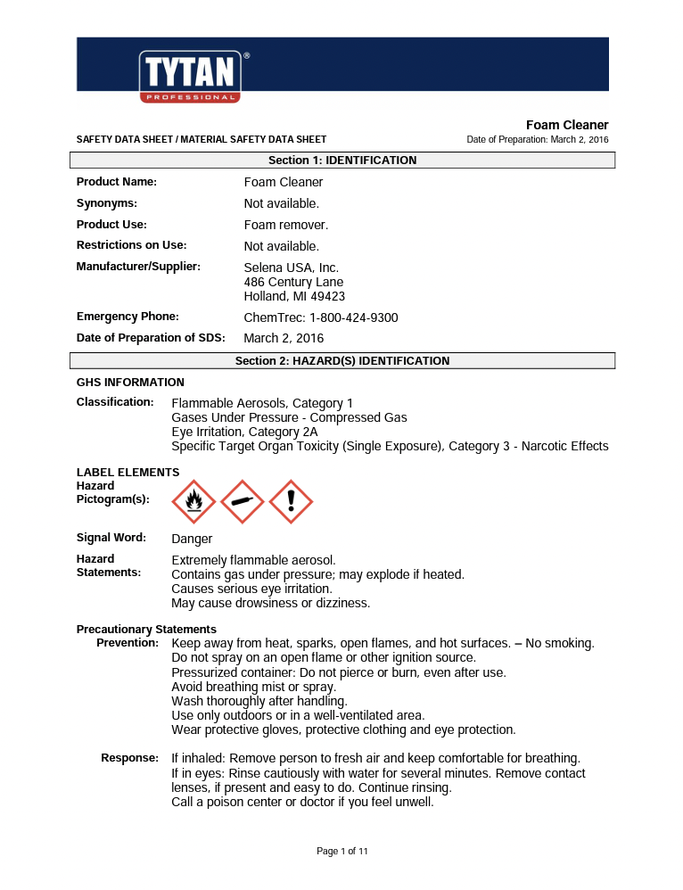 Tytan Foam Cleaner Safety Data Sheet (SDS)