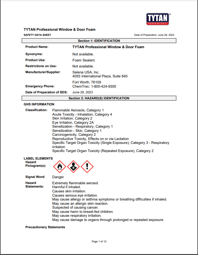 Tytan Window & Door Foam Safety Data Sheet (SDS)