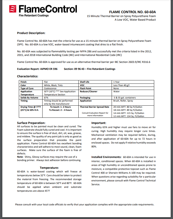 Flame Control 60-60A Thermal Barrier Technical Data Sheet (TDS)